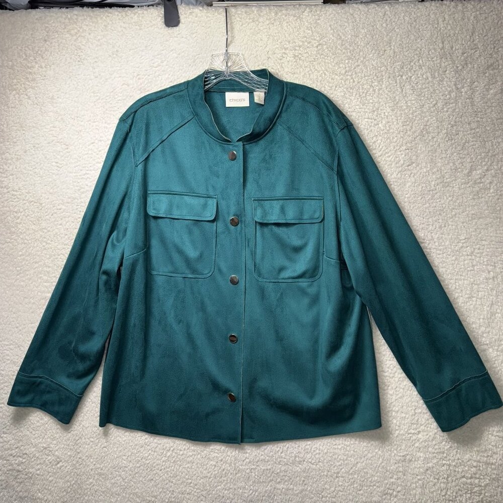 Chicos Women's Green Button-Front Jacket Pockets Size 3 Polyester XL Faux Suede